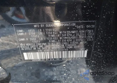 2020 Subaru Outback Premium из США, поврежденный, VIN 4S4BTAEC1L3238169